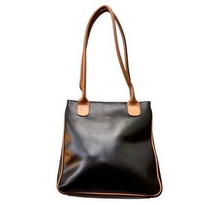 Vtg Del Conte Italian Black Leather Tote Tan Trim Shoulder Minimalist Square Bag